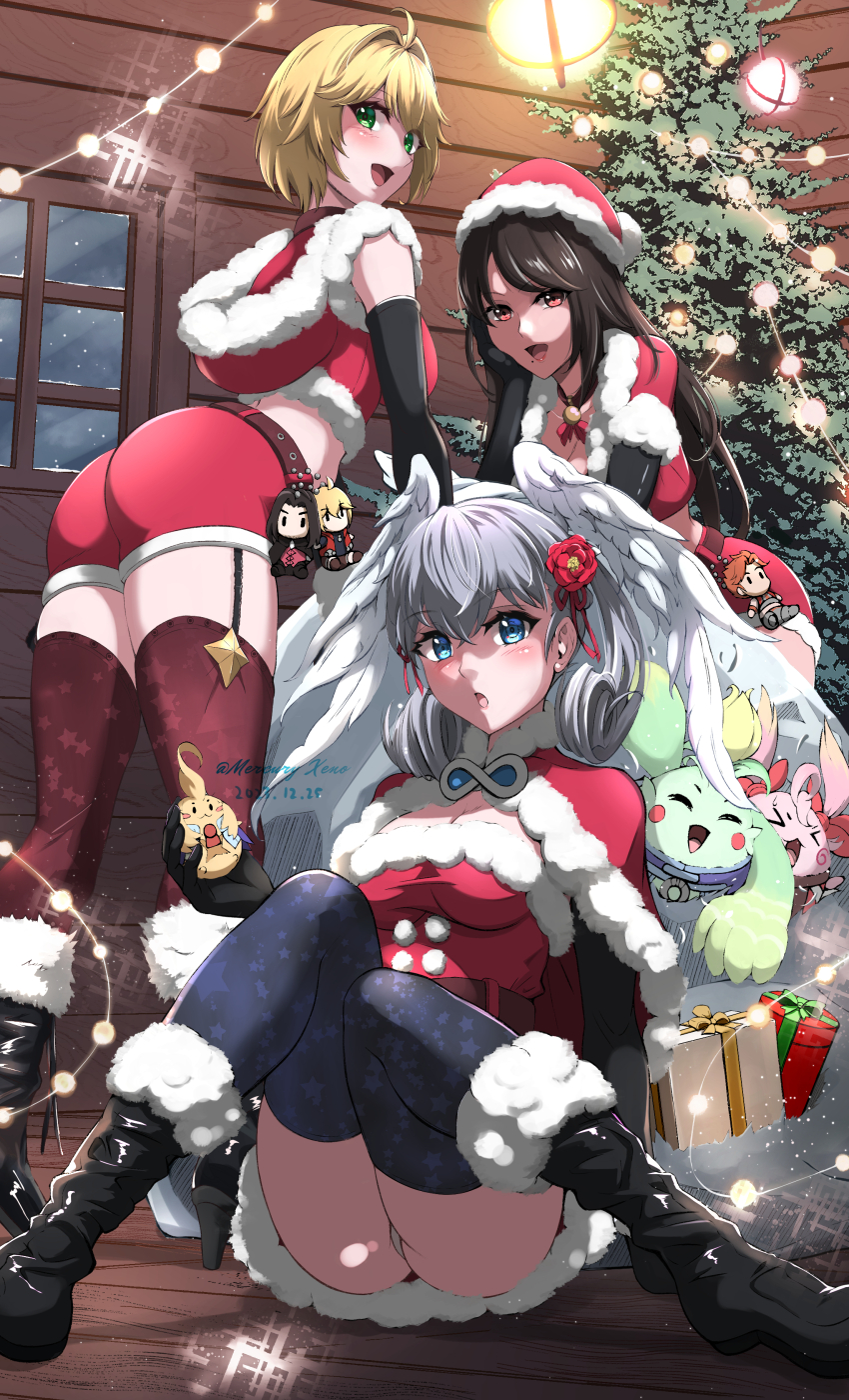 3girls absurdres ass blush braid christmas crown_braid curly_hair dress dunban_(xenoblade) fur_trim grey_hair hat head_wings highres juliet_sleeves long_sleeves melia_antiqua mercury_xeno multiple_girls nopon puffy_sleeves riki_(xenoblade) santa_costume santa_dress santa_hat sharla_(xenoblade) short_dress shulk_(xenoblade) smile tree underwear wings xenoblade_chronicles:_future_connected xenoblade_chronicles_(series) xenoblade_chronicles_1