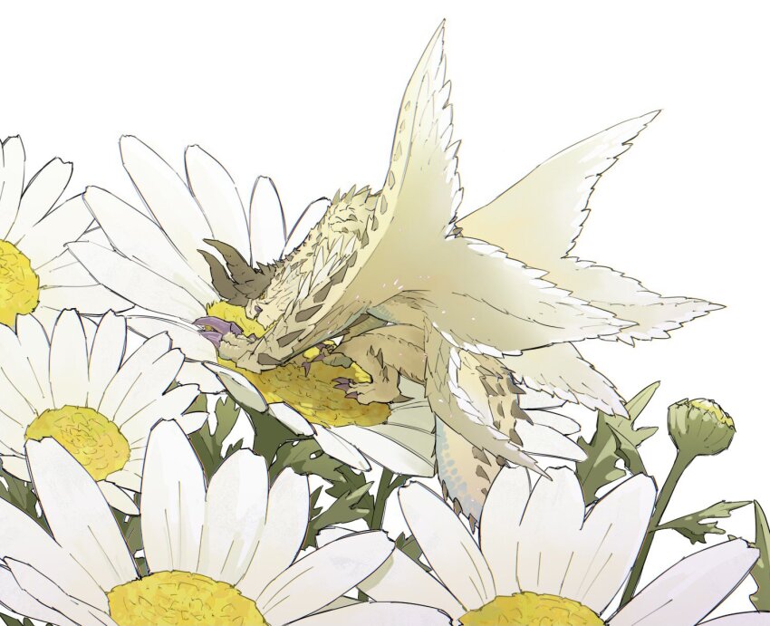 animal_focus claws commentary daisy dragon flower full_body highres horns minimized monster monster_hunter:_world monster_hunter_(series) multiple_wings no_humans on_flower scales shagaru_magala small_dragon solo tail taneimo_drop white_flower wings yellow_eyes