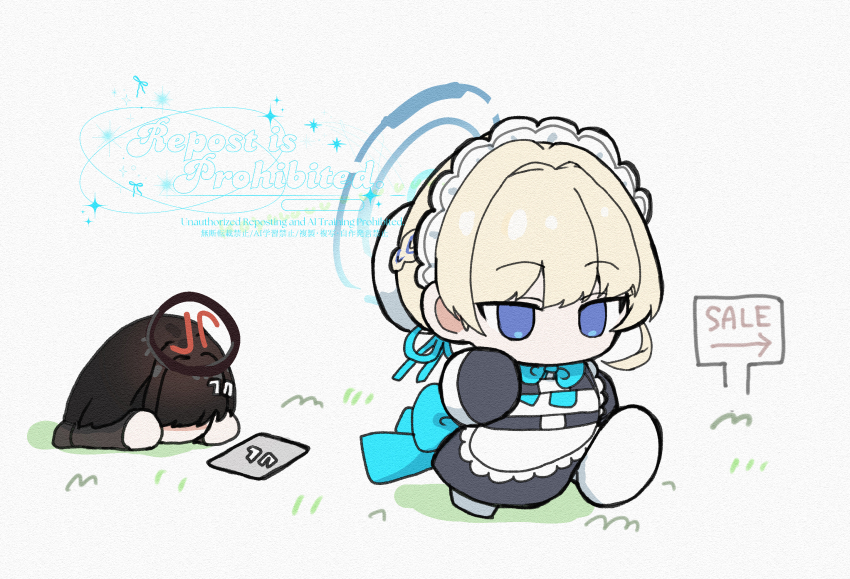 2girls apron black_dress black_hair black_jacket blonde_hair blue_archive blue_eyes blue_halo chibi dress hair_bun halo highres jacket koyuuuuuuuuuuu lying maid maid_apron maid_headdress multiple_girls on_ground on_stomach red_halo rio_(blue_archive) toki_(blue_archive) walking white_apron