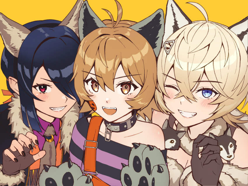 animal_ears animal_hands black_gloves black_hair black_nails blonde_hair blue_eyes blue_hair breasts brown_eyes brown_hair cleavage collar collared_shirt commentary_request crossed_bangs fake_animal_ears fangs fingerless_gloves fur_trim gloves grin hair_between_eyes hair_ornament hair_over_one_eye halloween halloween_costume kantai_collection kumano_maru_(halloween)_(kancolle) kumano_maru_(halloween_mode)_(kancolle) kumano_maru_(kancolle) looking_at_viewer multiple_girls nail_polish necktie oboro_(halloween)_(kancolle) oboro_(kancolle) official_alternate_costume one_eye_closed open_mouth paw_gloves porupurucha purple_shirt red_eyes shirt short_hair simple_background smile striped_clothes striped_shirt tuscaloosa_(halloween)_(kancolle) tuscaloosa_(kancolle) yellow_background