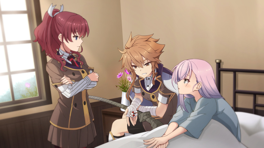 3girls arms_under_breasts bandaged_arm bandages black_shorts blue_eyes blue_shirt braided_sidelock brown_eyes brown_hair brown_jacket brown_skirt charm_(object) closed_mouth collared_shirt crossed_arms flower furrowed_brow game_cg holding holding_charm indoors jacket jacket_on_shoulders konohana_suzuka long_sleeves looking_at_another multiple_girls necktie non-web_source on_bed origami_family&#039;s_elite_guard_uniform pink_hair pleated_skirt ponytail red_hair red_necktie shidou_maki_(toji_no_miko) shirt short_hair short_sleeves shorts sitting skirt smile standing striped_clothes striped_shirt toji_no_miko toji_no_miko:_kizamishi_issen_no_tomoshibi tsubakuro_yume under_covers white_jacket window