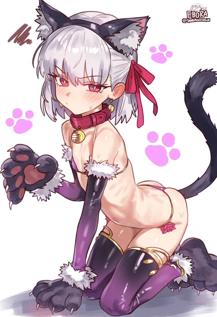 1girl absurdres anal anal_beads anal_object_insertion anal_tail animal_collar animal_ears animal_hands ass bell bikini butt_plug cat_ears cat_tail collar earrings ebora elbow_gloves fake_animal_ears fake_tail fate/grand_order fate_(series) flat_chest floating_earrings fur-trimmed_gloves fur_trim gloves grey_hair hair_ribbon highres jewelry kama_(fate) kneeling looking_at_viewer navel neck_bell non-web_source object_insertion paw_gloves paw_print paw_print_background petite purple_bikini purple_gloves purple_thighhighs red_eyes ribbon ribs short_hair simple_background solo swimsuit tail thighhighs twitter_username