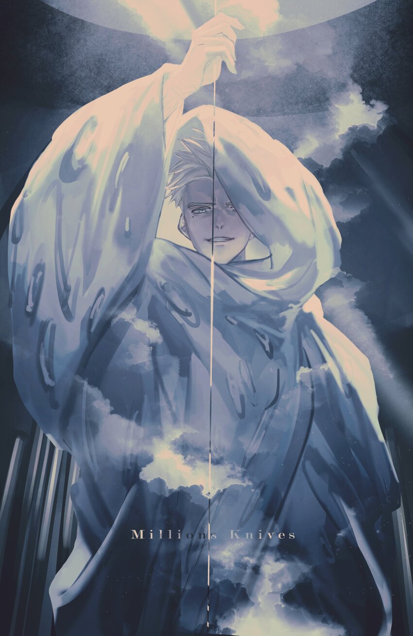 1boy absurdres blonde_hair character_name grey_theme highres holding hood hood_up looking_at_viewer male_focus millions_knives mole mole_under_eye one_eye_covered parted_lips smoke solo trigun trigun_stampede yakikesen