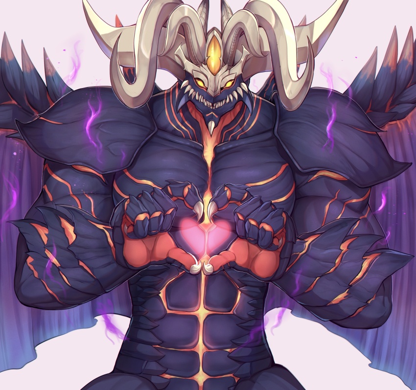 1boy aura bara claws dark_aura demon demon_boy demon_horns demon_wings evomanaphy fangs fire_emblem fire_emblem:_the_sacred_stones fire_emblem_heroes fomortiis_(fire_emblem) heart heart_hands highres horns looking_at_viewer male_focus nintendo solo white_background wings yellow_eyes