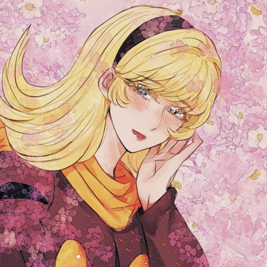 1girl black_hairband blonde_hair blue_eyes coat cyborg cyborg_009 floral_background francoise_arnoul hairband half-closed_eyes hand_on_own_face highres long_eyelashes long_hair looking_at_viewer open_mouth red_coat sariokisu scarf smile straight_hair upper_body yellow_scarf