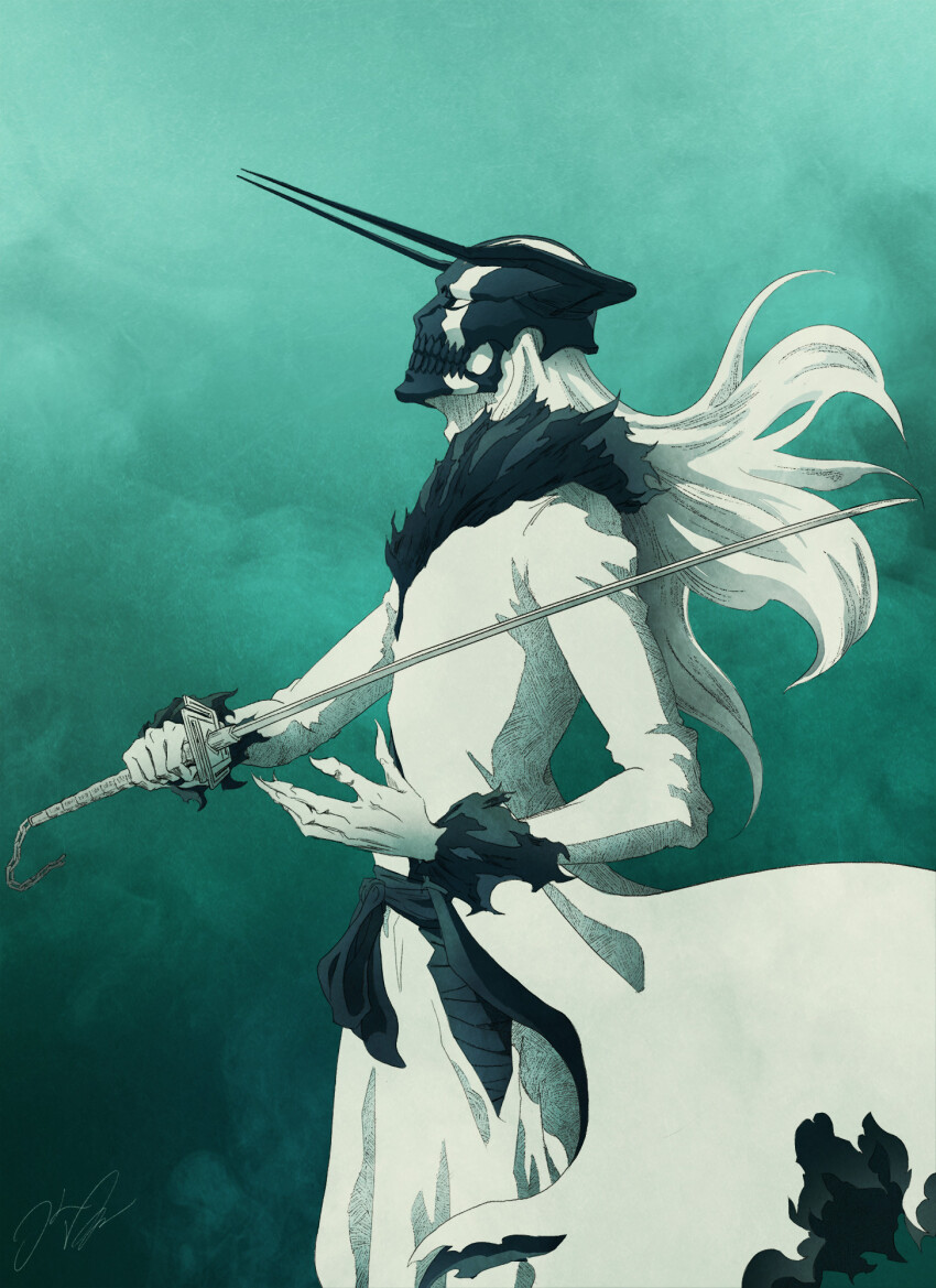 1boy avnkoan bankai black_horns black_sash blank_eyes bleach coat colored_skin commentary cowboy_shot english_commentary fingernails from_side fur-trimmed_coat fur_trim hakama highres holding holding_sword holding_weapon hollow_(bleach) hollow_ichigo horns japanese_clothes long_fingernails long_hair long_sleeves looking_up male_focus mask profile sash signature skull_mask solo standing sword tensa_zangetsu_(bankai) weapon white_coat white_hair white_hakama white_skin