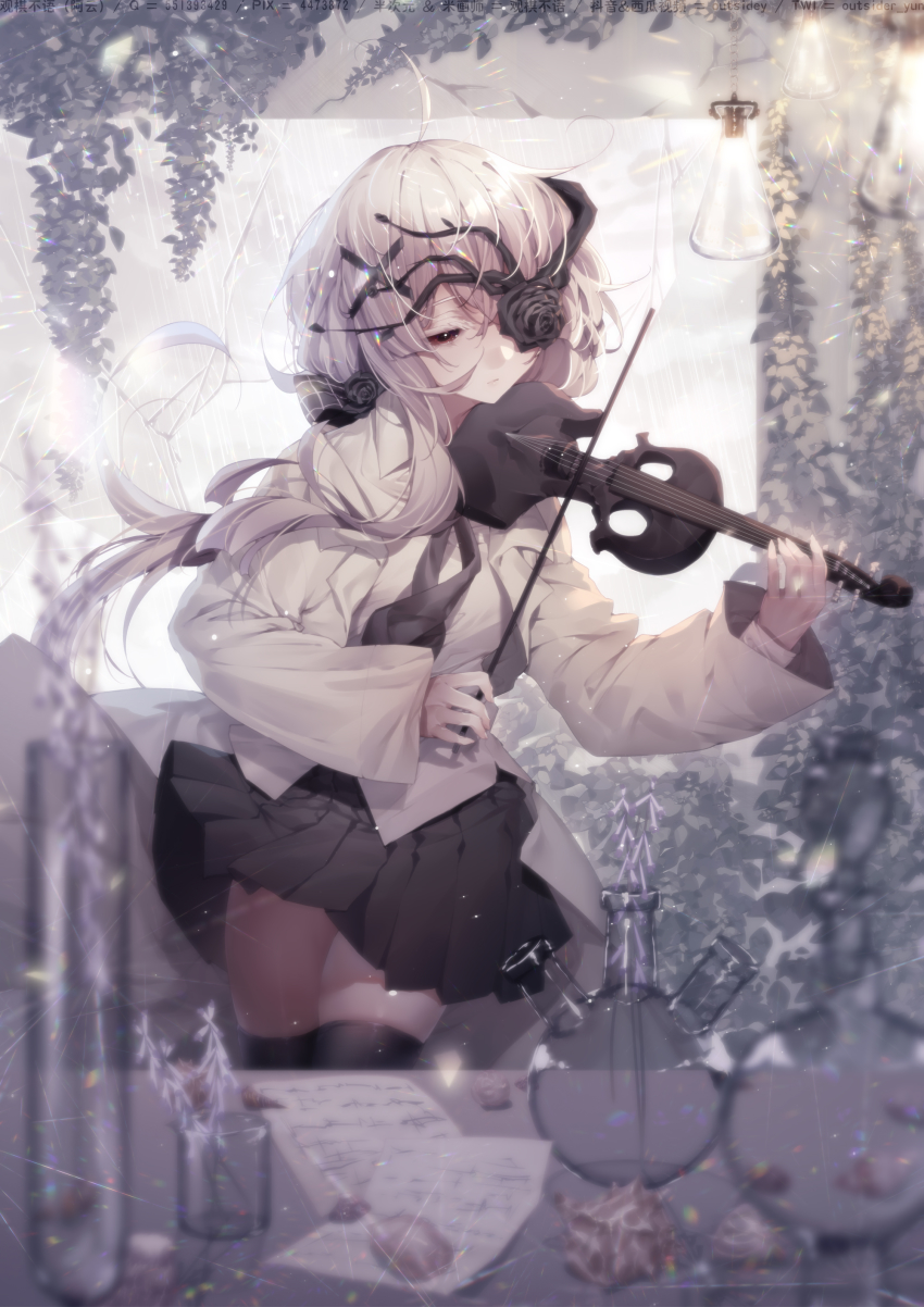 1girl absurdres black_pantyhose black_skirt bow_(music) chemistry_set coat commentary_request eyepatch flower flower_eyepatch flower_over_eye hair_flower hair_ornament half-closed_eyes highres instrument lab_coat long_hair long_sleeves music original pantyhose paper playing_instrument rain red_eyes school_uniform sheet_music shirt sidelocks skirt solo standing violin white_coat white_hair white_shirt yun_(outsidey)