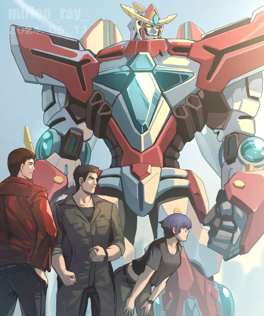 1girl 3boys ao_isami artist_name bisen_(mirion_ray) black_hair black_pants black_shirt blue_hair bravern clenched_hand dated hand_on_own_hip hands_on_own_legs hibiki_rio highres jacket leaning_forward mecha military_uniform multiple_boys outdoors pants red_jacket robot ryuji_satake shirt standing yuuki_bakuhatsu_bang_bravern