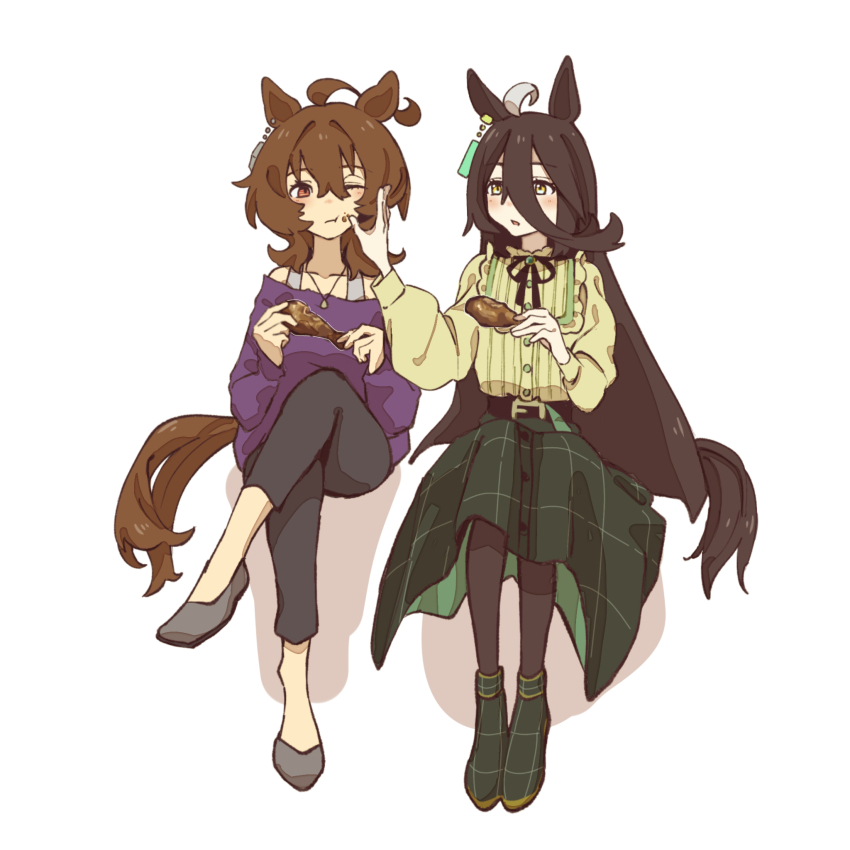 2girls agnes_tachyon_(umamusume) ahoge animal_ears bare_shoulders belt black_belt black_hair black_pantyhose black_ribbon black_shoes black_skirt bra_strap brown_hair chicken_(food) chicken_leg crossed_legs ear_tag earrings flower food food_on_face frilled_shirt frills grey_shoes hair_between_eyes hair_flower hair_ornament hand_on_another&#039;s_face highres horse_ears horse_girl horse_tail jewelry long_bangs long_hair long_hair_between_eyes long_sleeves looking_at_another manhattan_cafe_(umamusume) medium_hair multicolored_hair multiple_girls neck_ribbon necklace noon_463 off-shoulder_shirt off_shoulder pantyhose purple_shirt red_eyes ribbon shirt shirt_tucked_in shoes simple_background single_earring sitting skirt tail umamusume very_long_hair white_background white_hair wolf_cut yellow_eyes