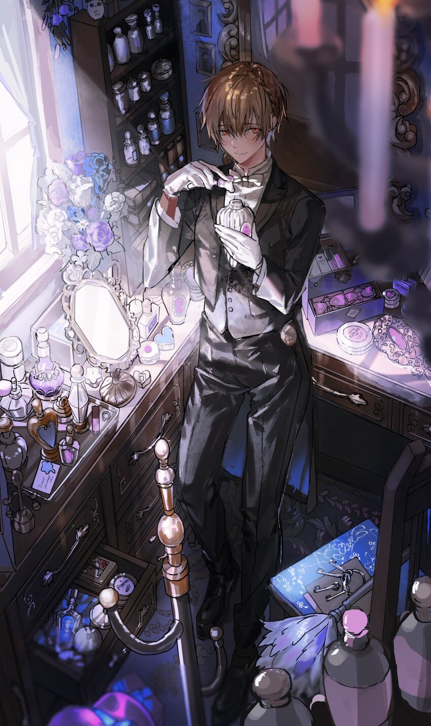 1boy absurdres black_jacket black_pants black_shoes black_socks black_vest blonde_hair blurry blurry_foreground bottle bow bowtie braid butler butler_(nana_tetra) candle candlelight candlestand chair cleaning_brush closed_mouth clothes_hanger coattails commentary_request dark-skinned_male dark_skin flower gloves hair_between_eyes highres holding_perfume indoors jacket key looking_at_viewer male_focus mirror nana_tetra open_clothes open_jacket original pants perfume_bottle picture_frame pocket_watch red_eyes shelf shirt shoes short_hair smile socks solo standing sunlight vase vest watch white_bow white_bowtie white_gloves white_shirt window window_shadow