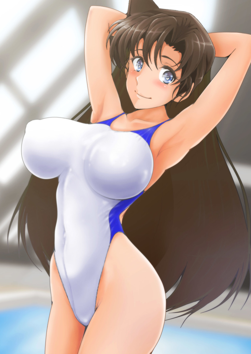 1girl absurdres armpits blue_eyes blurry blurry_background breasts brown_hair competition_swimsuit covered_erect_nipples cowboy_shot highleg highleg_one-piece_swimsuit highres impossible_clothes impossible_swimsuit indoors large_breasts long_hair meitantei_conan mouri_ran nanashi_noiji one-piece_swimsuit presenting_armpit rei_no_pool solo swimsuit two-tone_swimsuit white_one-piece_swimsuit