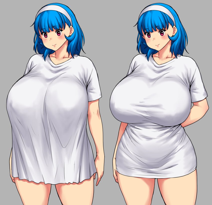 1girl absurdres blue_hair blunt_bangs blush breasts cowboy_shot curvy earrings erkaz grey_background hair_behind_ear hairband highres huge_breasts jewelry medium_hair meme original pajamas_challenge_(meme) red_eyes rina_atherina shirt short_sleeves smile t-shirt thighs white_hairband white_shirt