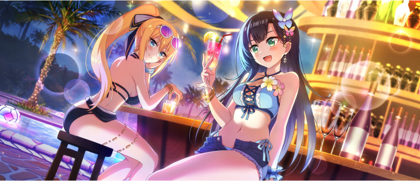 2girls :d arm_support armpit_crease bar_(place) bar_stool bare_arms bare_legs bare_shoulders bikini bikini_under_shorts black_bikini black_bow black_hair blonde_hair blue_bikini blue_eyes blue_wrist_cuffs bow bracelet breasts butterfly_hair_ornament cleavage closed_mouth collarbone cross-laced_bikini cross-laced_clothes cup darkness_(konosuba) denim denim_shorts diagonal_bangs drinking_glass earrings eyewear_on_head flower game_cg green_eyes hair_bow hair_ornament hand_on_own_cheek hand_on_own_face hand_up hibiscus highleg highleg_bikini highres holding holding_cup jewelry kono_subarashii_sekai_ni_shukufuku_wo! konosuba!_fantastic_days large_breasts lia_(konosuba) long_hair looking_at_another medium_breasts multiple_girls navel night o-ring o-ring_bikini o-ring_top official_alternate_costume official_art open_fly open_mouth palm_tree parted_bangs pink-tinted_eyewear pink_flower ponytail pool purple-tinted_eyewear shade short_shorts shorts side-tie_bikini_bottom sideboob sidelocks sitting smile stomach stool swimsuit thighs tinted_eyewear tree very_long_hair white-framed_eyewear white_flower wrist_cuffs