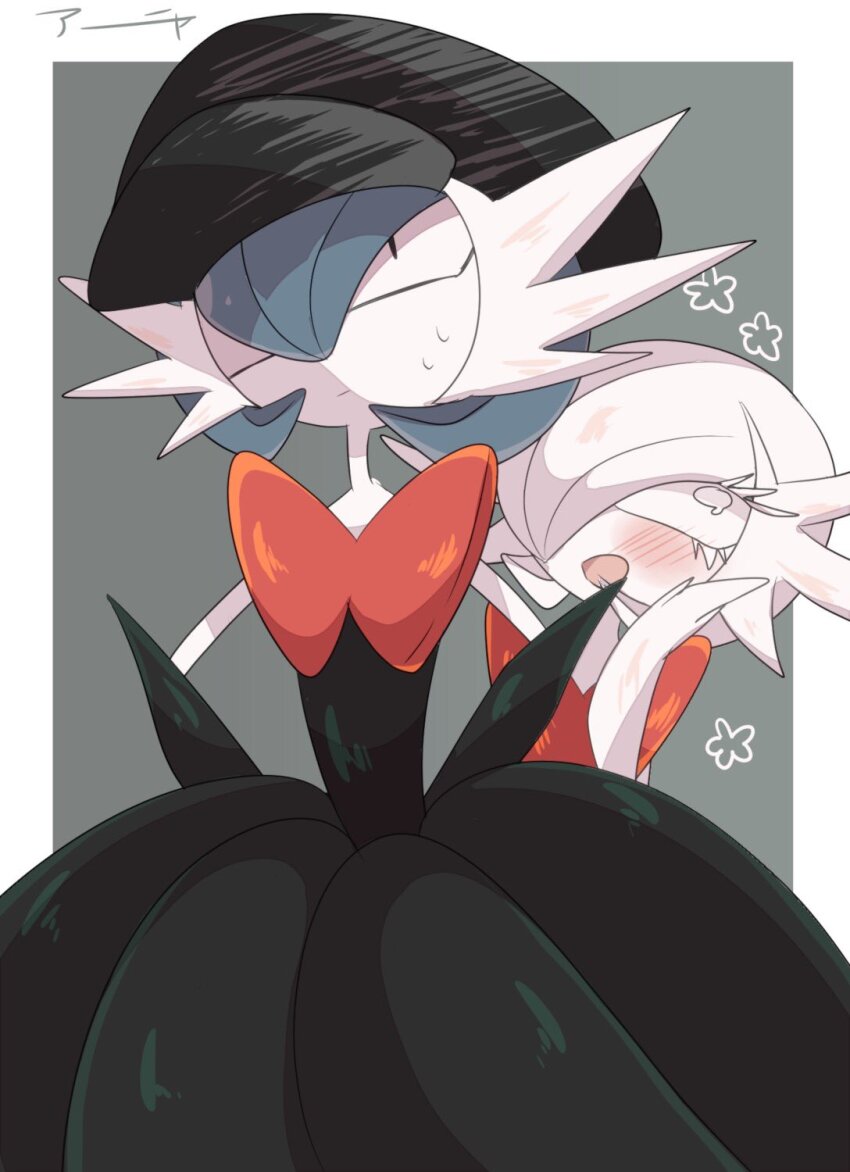 a-nya alternate_color alternate_shiny_pokemon black_dress black_gloves black_hat blush colored_skin dress elbow_gloves gardevoir gen_3_pokemon gloves hat highres mega_gardevoir mega_pokemon nintendo no_humans one_eye_closed pokemon pokemon_(creature) shiny_pokemon simple_background sweatdrop white_hair white_skin
