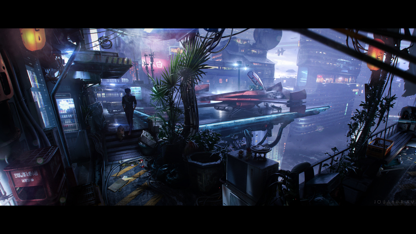 1boy 3d air_conditioner artist_name building cable cigarette cigarette_pack cityscape commentary cowboy_bebop crate dark dog ein_(cowboy_bebop) full_body highres lantern lens_flare letterboxed male_focus neon_lights night outdoors plant potted_plant power_lines romain_jouandeau satellite_dish scenery science_fiction sign skyscraper smoking solo_focus spacecraft spike_spiegel stairs swordfish_ii trash trash_bag vending_machine walking welsh_corgi