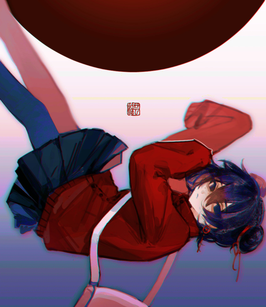 1girl black_eyes black_hair black_pantyhose black_skirt chinese_commentary closed_mouth commentary_request double_bun earrings hair_between_eyes hair_bun hair_ribbon high_collar highres jacket jewelry li_yuting_(female) long_sleeves miniskirt mole mole_under_each_eye mole_under_eye multiple_moles pantyhose pleated_skirt red_jacket red_ribbon ribbon short_hair skirt sleeves_past_fingers sleeves_past_wrists solo touqi_guaitan variant_set white_bag yizhiezi645