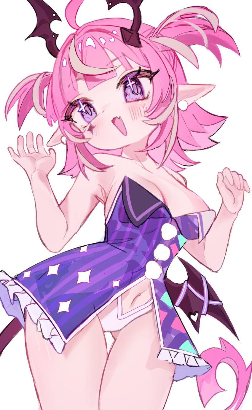 camila_(vtuber) clothing_cutout fang highres imp moetofu navel pink_hair pointy_ears skin_fang sparkling_eyes stomach_cutout tail thighs two_side_up virtual_youtuber