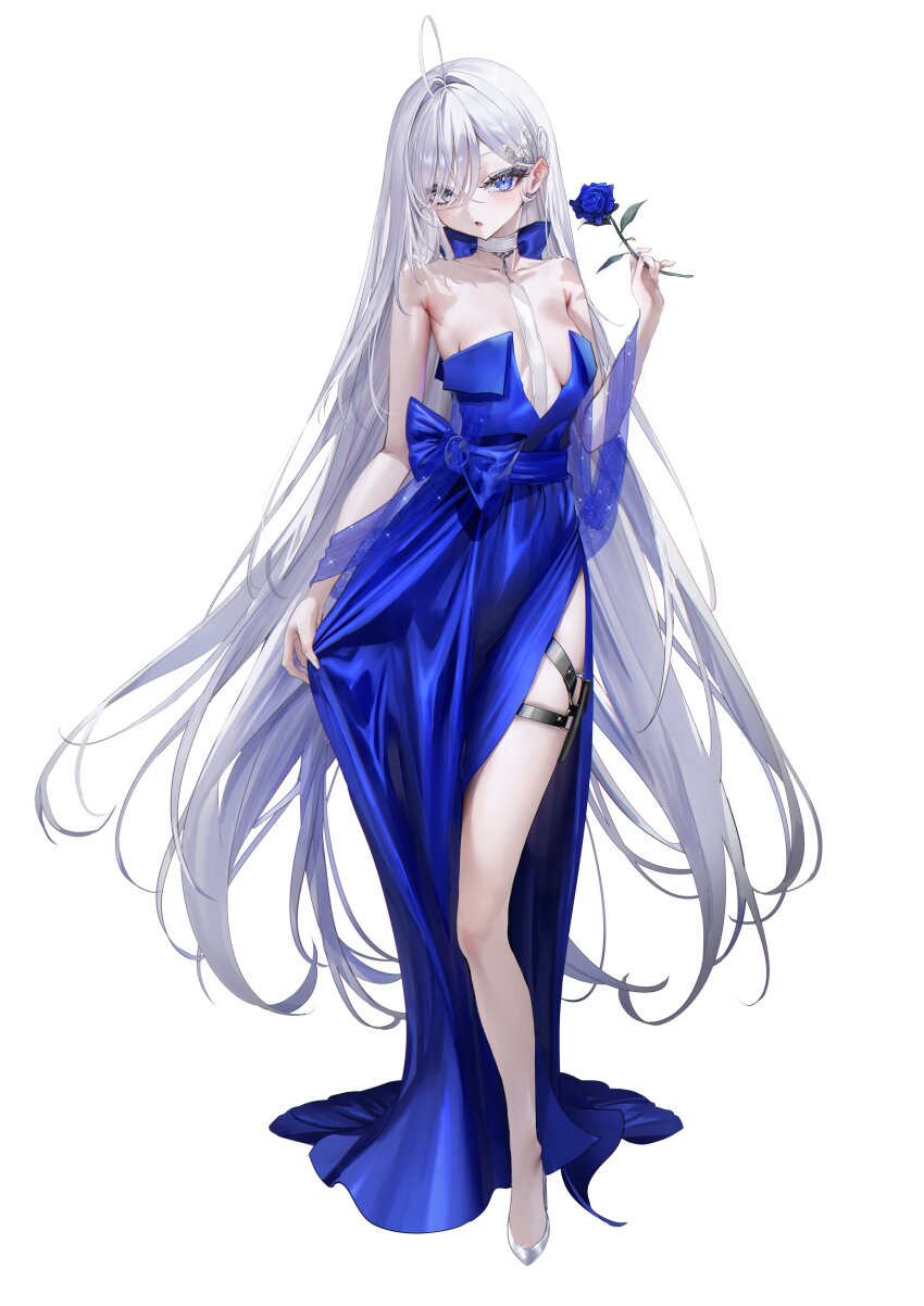 1girl absurdres blue_eyes breasts cleavage dress full_body hair_ornament heterochromia highres long_hair looking_at_viewer nekometaru shibou_yuugi_de_meshi_o_kuu small_breasts solo standing very_long_hair white_background white_hair yuuki_(shibou_yuugi)