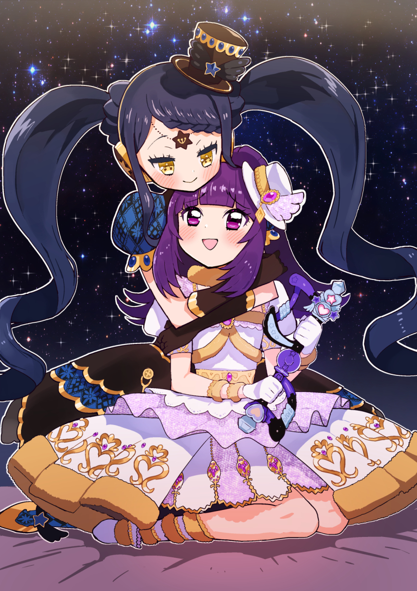 2girls black_dress blue_hair blunt_bangs braid braided_bangs chin_rest closed_mouth commentary_request dress full_body fur-trimmed_dress fur_trim garara_s_leep hanazono_shuka hat head_chain head_on_head head_rest headphones highres holding holding_microphone hug hug_from_behind idol_clothes idol_time_pripara jewelry long_hair looking_at_another microphone mini_hat mini_top_hat multiple_girls open_mouth outline ponytail pretty_series print_dress pripara puffy_short_sleeves puffy_sleeves purple_eyes purple_hair short_sleeves sitting smile symbol-shaped_pupils top_hat toranoe twintails white_dress white_outline yellow_eyes