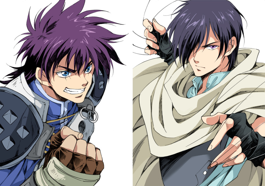 2boys agahari armor bastard!! black_gloves black_hair blue_eyes blue_shirt brown_cloak brown_gloves clenched_hand cloak commentary_request fingerless_gloves gloves grin hair_over_one_eye hand_up hands_up looking_at_viewer male_focus mcalpine_toni_strauss medium_hair multiple_boys purple_eyes purple_hair shirt shoulder_pads simple_background smile spiked_hair upper_body white_background wire zakk_walder