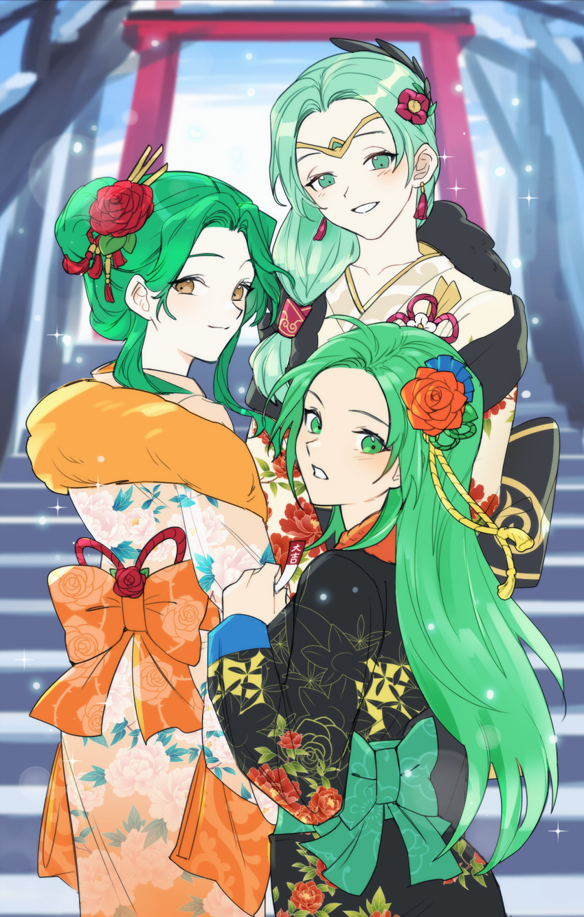 3girls alternate_costume black_kimono brown_eyes character_request commentary cowboy_shot earrings elincia_ridell_crimea fire_emblem fire_emblem:_path_of_radiance fire_emblem:_radiant_dawn floral_print flower forehead green_eyes green_hair hair_flower hair_ornament highres japanese_clothes jewelry kimono long_hair long_sleeves multiple_girls nephenee_(fire_emblem) nintendo orange_kimono outdoors red_flower revision sigrun_(fire_emblem) silvercandy_gum torii white_kimono
