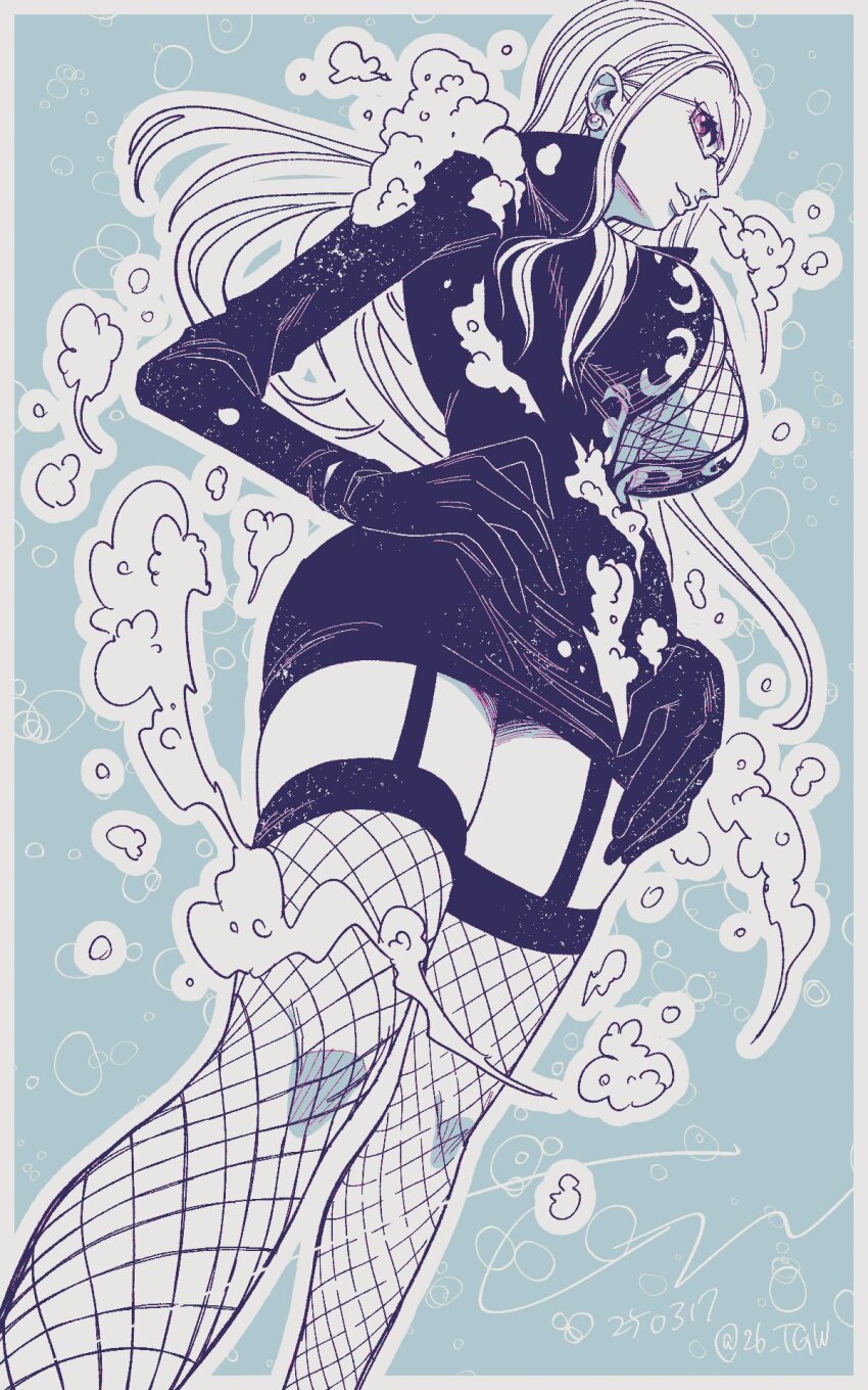 1girl breasts commentary dated dress dutch_angle earrings feet_out_of_frame fishnet_thighhighs fishnet_top fishnets garter_straps glasses greyscale_with_colored_background hair_behind_ear hands_on_own_hips highres jewelry kalifa_(one_piece) large_breasts long_hair long_sleeves one_piece pearl_earrings soap_bubbles solo tagawa_jiro thighhighs twitter_username