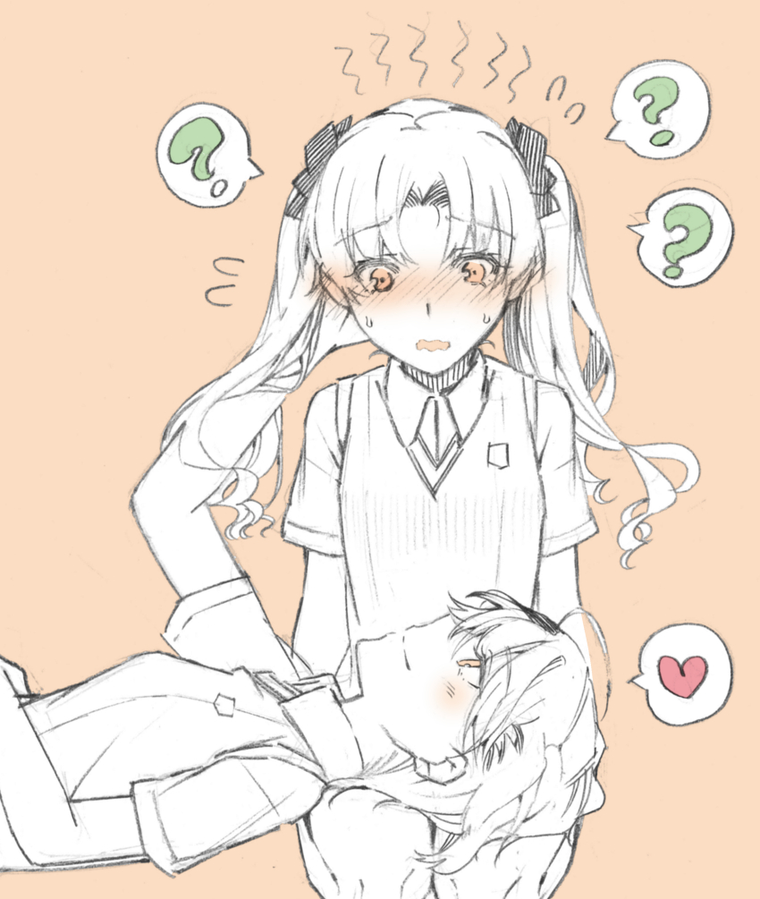2girls ? absurdres blush bow closed_mouth commentary_request hair_bow heart higashizukihi_sei highres lap_pillow long_hair medium_hair misaka_mikoto multiple_girls parted_lips shirai_kuroko spoken_heart spoken_question_mark toaru_kagaku_no_railgun toaru_majutsu_no_index yuri