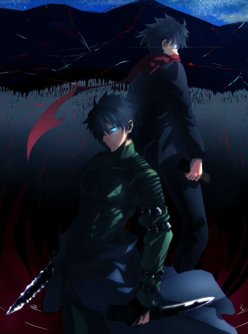2boys black_hair blue_eyes burleciel dual_persona dual_wielding gakuran glowing glowing_eyes highres holding holding_knife japanese_clothes knife long_sleeves male_focus melty_blood multiple_boys mystic_eyes_of_death_perception nanatsu-yoru nanaya_shiki red_scarf reverse_grip scarf school_uniform short_hair tohno_shiki tsukihime