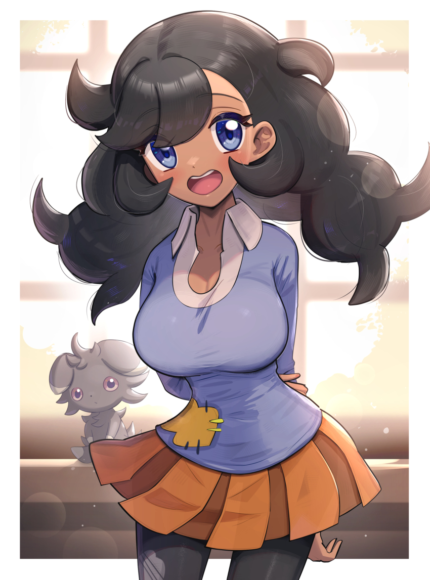 1girl :d absurdres arms_behind_back black_hair black_pantyhose blue_eyes blush breasts collared_shirt commentary_request dark-skinned_female dark_skin emma_(pokemon) espurr eyelashes gen_6_pokemon gonzarez grey_sweater highres indoors large_breasts long_hair looking_at_viewer miniskirt nintendo open_mouth orange_skirt pantyhose pokemon pokemon_(creature) pokemon_xy shirt skirt smile sweater teeth tongue twintails upper_teeth_only white_shirt