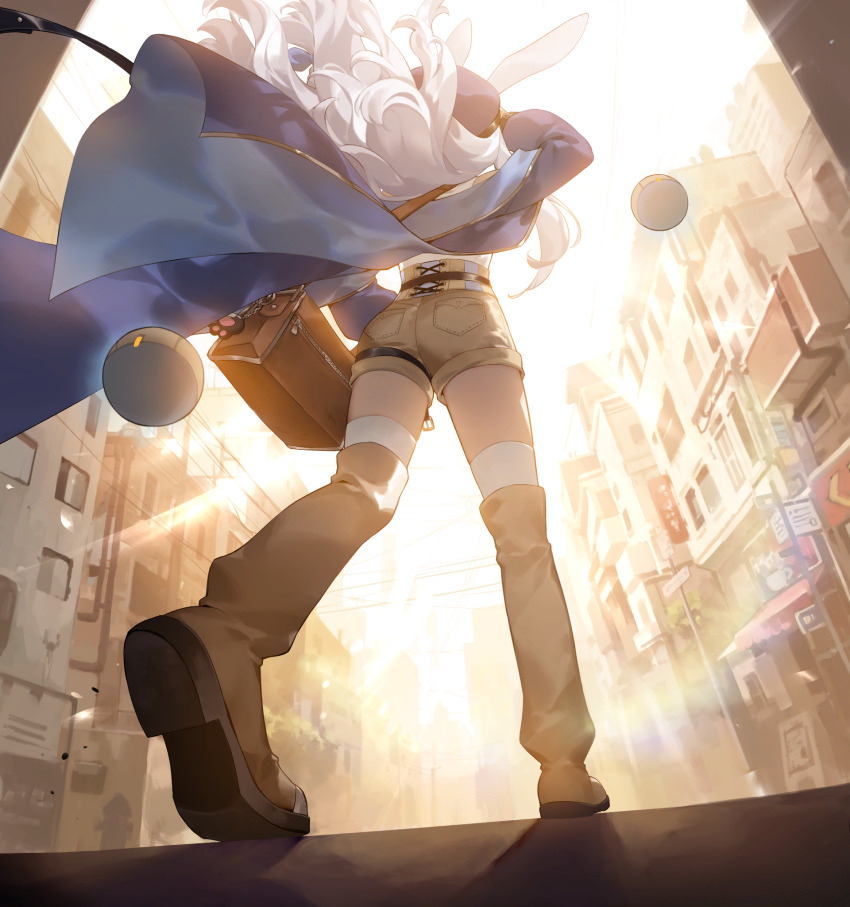 1girl animal_ears artist_request bag blue_coat boots check_artist coat ein_lee from_below game_cg highres long_hair long_sleeves non-web_source rabbit_ears rabbit_girl short_shorts shorts shoulder_bag solo tevi tevi_(character) thigh_boots walking white_hair