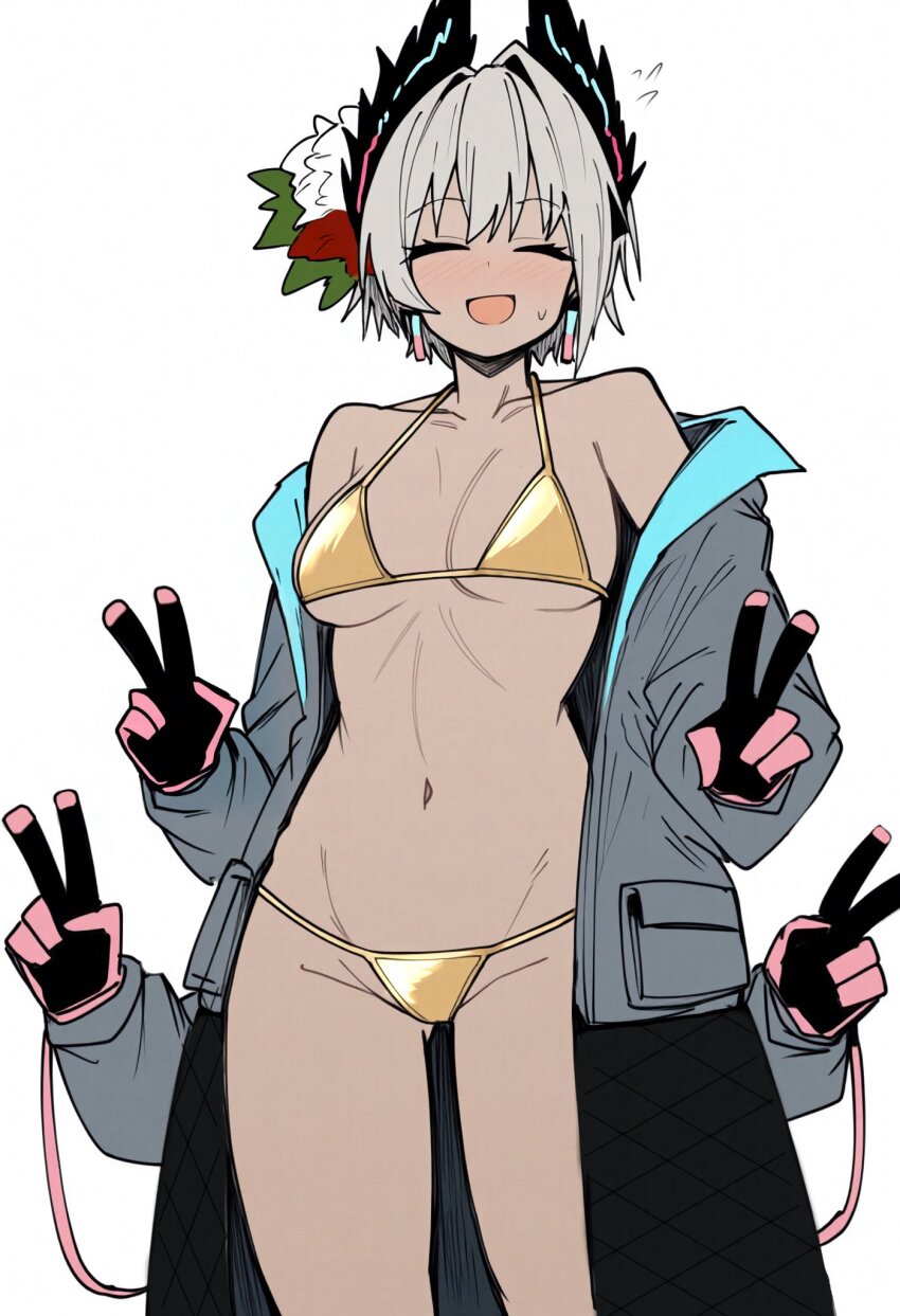 1girl :d ^_^ arknights bikini black_coat black_gloves blush breasts closed_eyes coat collarbone commentary cowboy_shot dark-skinned_female dark_skin extra_arms facing_viewer flying_sweatdrops gloves gold_bikini golden_week grey_hair groin highres long_sleeves makigirisu medium_breasts navel off_shoulder open_mouth pink_gloves quadruple_v raidian_(arknights) short_hair simple_background smile solo standing swimsuit v white_background yellow_bikini