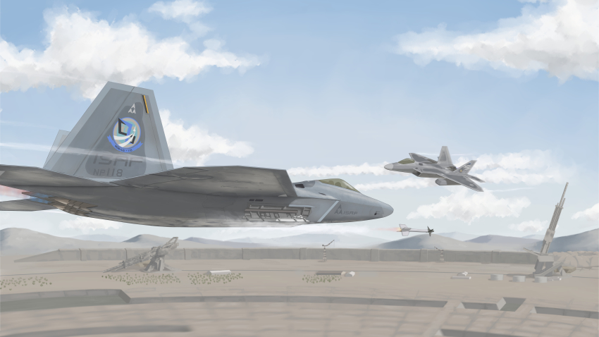 absurdres ace_combat ace_combat_04 ace_combat_7:_skies_unknown aircraft airplane blue_sky building cannon cloud commentary contrail crane_(machine) emblem f-22_raptor fighter_jet highres hill isaf kevincipher magnetic_weapon military military_vehicle missile mobius_1 mobius_strip railgun sky smoke smoke_trail stonehenge_(ace_combat) structure trigger_(ace_combat) vehicle_focus