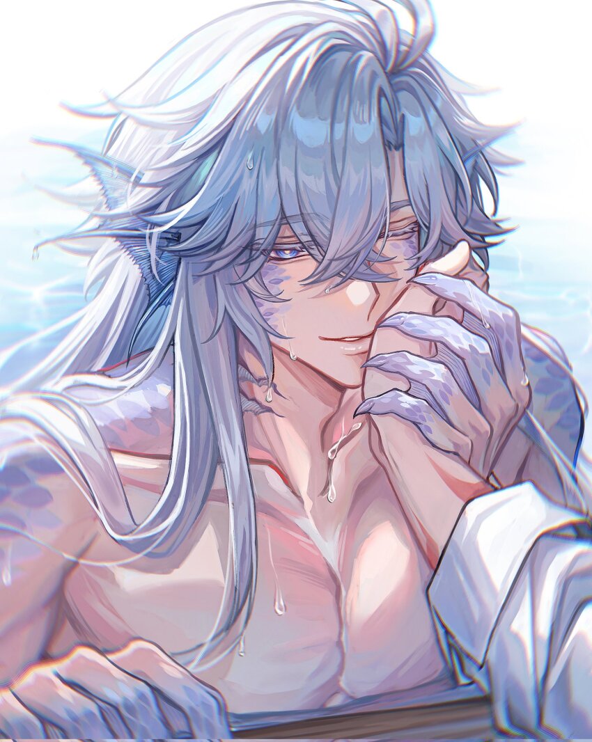 2boys alternate_hairstyle antenna_hair arm_tattoo blue_eyes blue_scales chinese_commentary commentary_request fingernails hand_on_another&#039;s_cheek hand_on_another&#039;s_face highres honkai:_star_rail honkai_(series) inkiceberg long_hair male_focus merman monster_boy multiple_boys mydei_(honkai:_star_rail) one_eye_closed parted_bangs phainon_(honkai:_star_rail) red_tattoo sharp_fingernails shirt sleeves_rolled_up tattoo topless_male wet wet_hair white_hair white_shirt yaoi