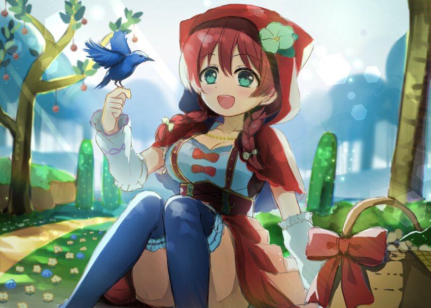 1girl :d basket bird blue_bird blue_thighhighs blush bow braid breasts brown_corset brown_hair capelet cleavage commentary_request corset cosplay emma_verde emma_verde_(innocent_little_red_riding_hood) flower frilled_arm_warmers green_flower highres hood hood_up hooded_capelet large_breasts little_red_riding_hood little_red_riding_hood_(grimm) little_red_riding_hood_(grimm)_(cosplay) long_hair looking_at_viewer love_live! love_live!_nijigasaki_high_school_idol_club love_live!_school_idol_festival_all_stars low_twin_braids memechi_(memechi_6) memechi_6 miniskirt no_freckles official_alternate_costume on_ground open_mouth outdoors over-kneehighs red_bow red_capelet red_skirt shirt sitting skirt smile solo thighhighs tree twin_braids underbust white_arm_warmers white_shirt