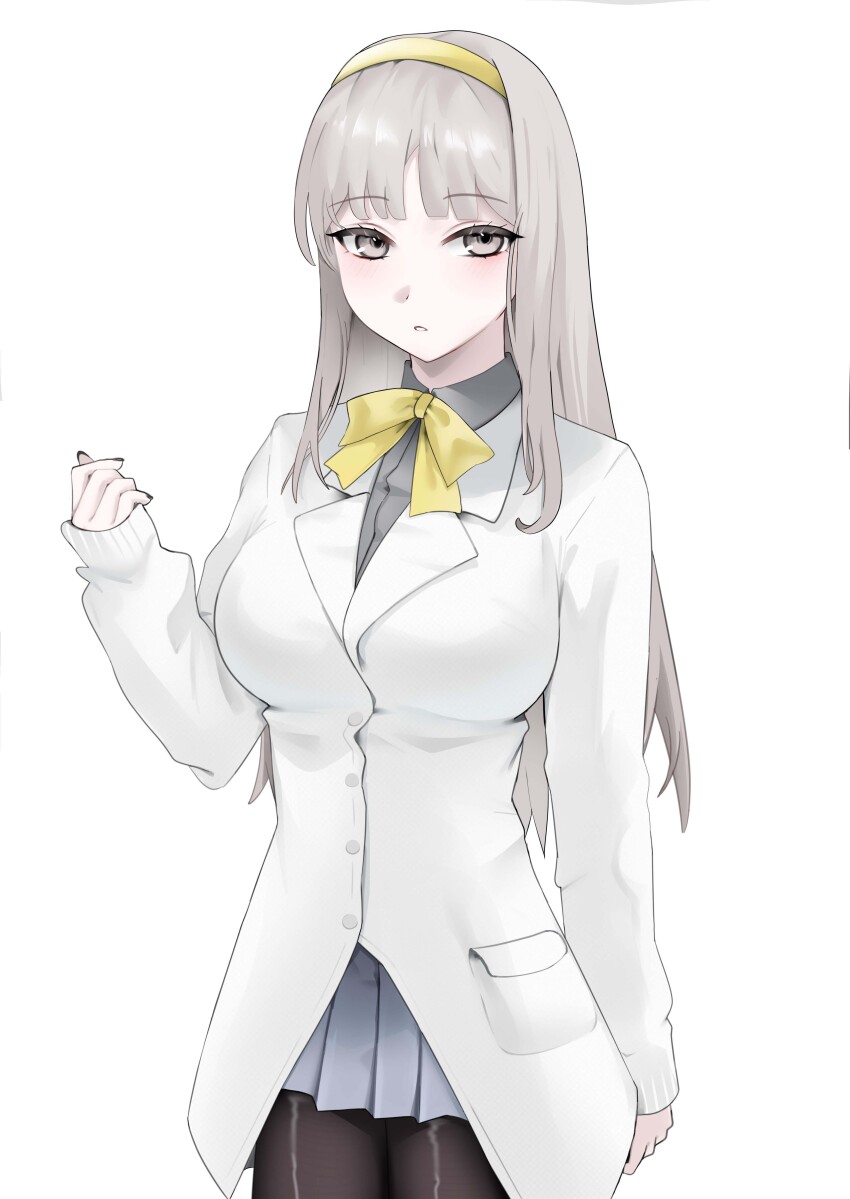 1girl absurdres black_pantyhose breasts cowboy_shot digimon digimon_story:_time_stranger grey_eyes grey_hair grey_shirt highres jacket large_breasts long_hair mianbaoren miniskirt misono_inori pantyhose pleated_skirt shirt simple_background skirt solo white_background white_jacket
