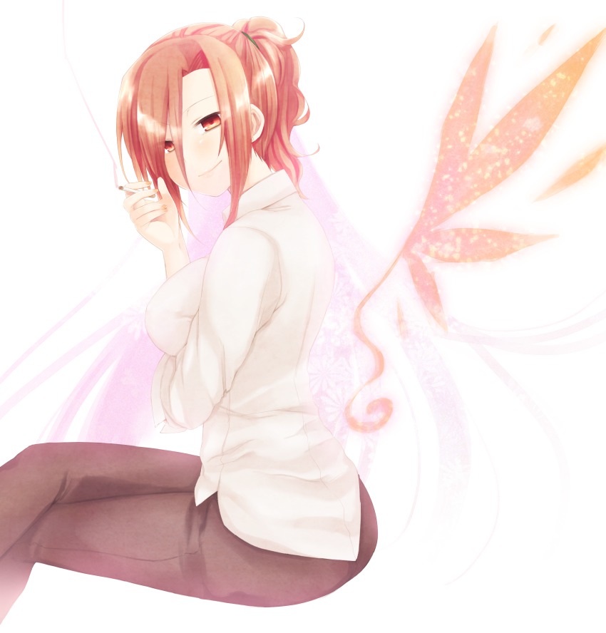 1girl absurdres aozaki_touko bad_id bad_pixiv_id breast_hold breasts cigarette crossed_legs dress_shirt female_focus glasses highres kamehima kara_no_kyoukai long_hair pants ponytail red_eyes red_hair shirt sitting smile smoking solo wings