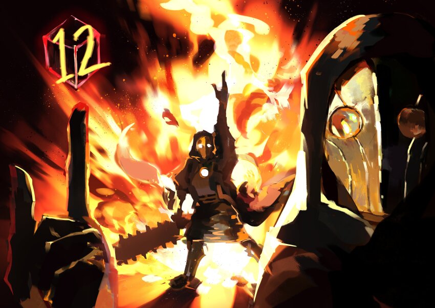 1other absurdres arm_up cape chainsaw chainsword consta_(project_moon) dice encodory explosion finger_gun fire gameplay_mechanics highres holding holding_weapon hood hood_up hooded_cape humanoid_robot library_of_ruina multiple_views project_moon robot weapon