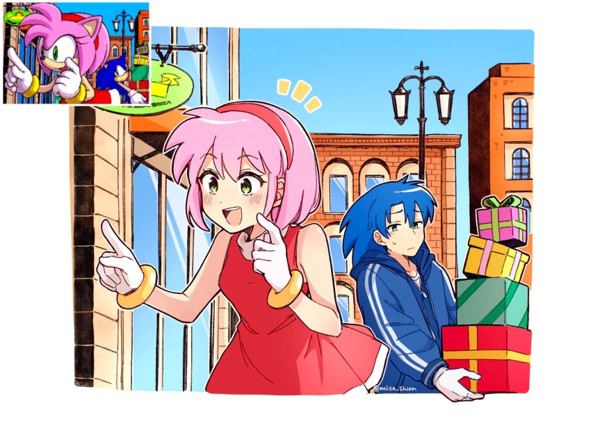 amy_rose blue_hair boots box bracelet building carrying city dress gloves green_eyes hairband highres humanization jewelry legs medium_hair miisa_shion pink_hair sega shopping sleeveless smile sonic_(series) sonic_shuffle sonic_the_hedgehog sweat sweater tired_eyes v