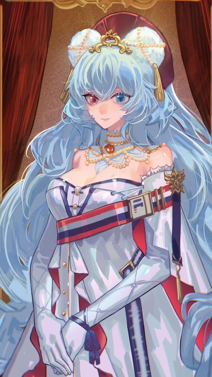 1girl animal_ears arknights bare_shoulders bear_ears blue_eyes breasts cleavage detached_collar dress elbow_gloves gloves hat heterochromia highres large_breasts long_hair looking_at_viewer off_shoulder official_alternate_costume red_eyes red_hat rosa_(arknights) rosa_(masterpiece)_(arknights) solo very_long_hair white_dress white_gloves white_hair wusebuhui