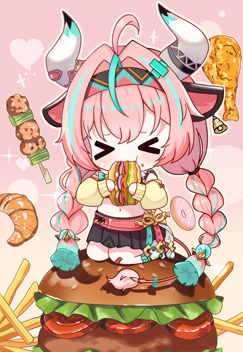 &gt;_&lt; 1girl absurdres ahoge animal_ears black_skirt blue_hair blush brown_background brown_sleeves burger chibi chicken_(food) chicken_leg closed_eyes commentary_request cow_ears cow_girl cow_horns cow_tail croissant detached_sleeves donut eating facing_viewer food food_on_face food_request french_fries genshin_impact gradient_background gradient_hair hair_between_eyes hair_intakes highres holding holding_food horns in_food long_sleeves low_twintails mini_person minigirl multicolored_hair navel pink_background pink_hair pleated_skirt puffy_long_sleeves puffy_sleeves ribbed_socks rinringyo skirt sleeves_past_wrists socks solo streaked_hair tail twintails varesa_(genshin_impact) white_socks