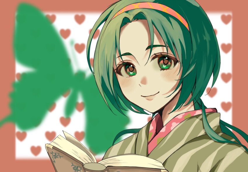 1girl akimoto_komachi argyle_clothes argyle_hairband book border bug butterfly closed_mouth eyelashes green_butterfly green_eyes green_hair green_kimono hairband happy heart heart_background highres holding holding_book insect japanese_clothes kimono light_blush lips long_hair looking_at_viewer low_twintails mer_(zo_no_00) open_book outside_border pink_lips precure reading red_border red_hairband smile solo striped_clothes striped_kimono tareme twintails upper_body vertical-striped_clothes vertical-striped_kimono white_background yes!_precure_5
