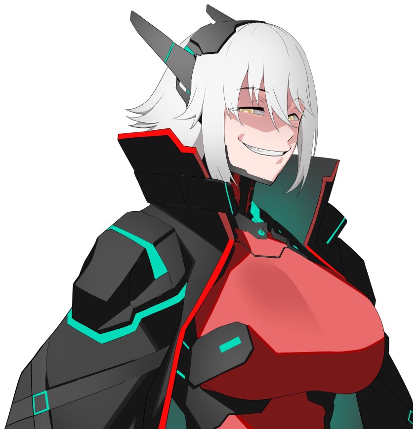 1girl black_jacket bodysuit breasts creepy_smile cyborg highres jacket kuroienpitsu large_breasts red_bodysuit smile smirk teeth vshojo white_background white_hair yellow_eyes zentreya zentreya_(cyborg) zentreya_(cyborg)_(1st_costume)