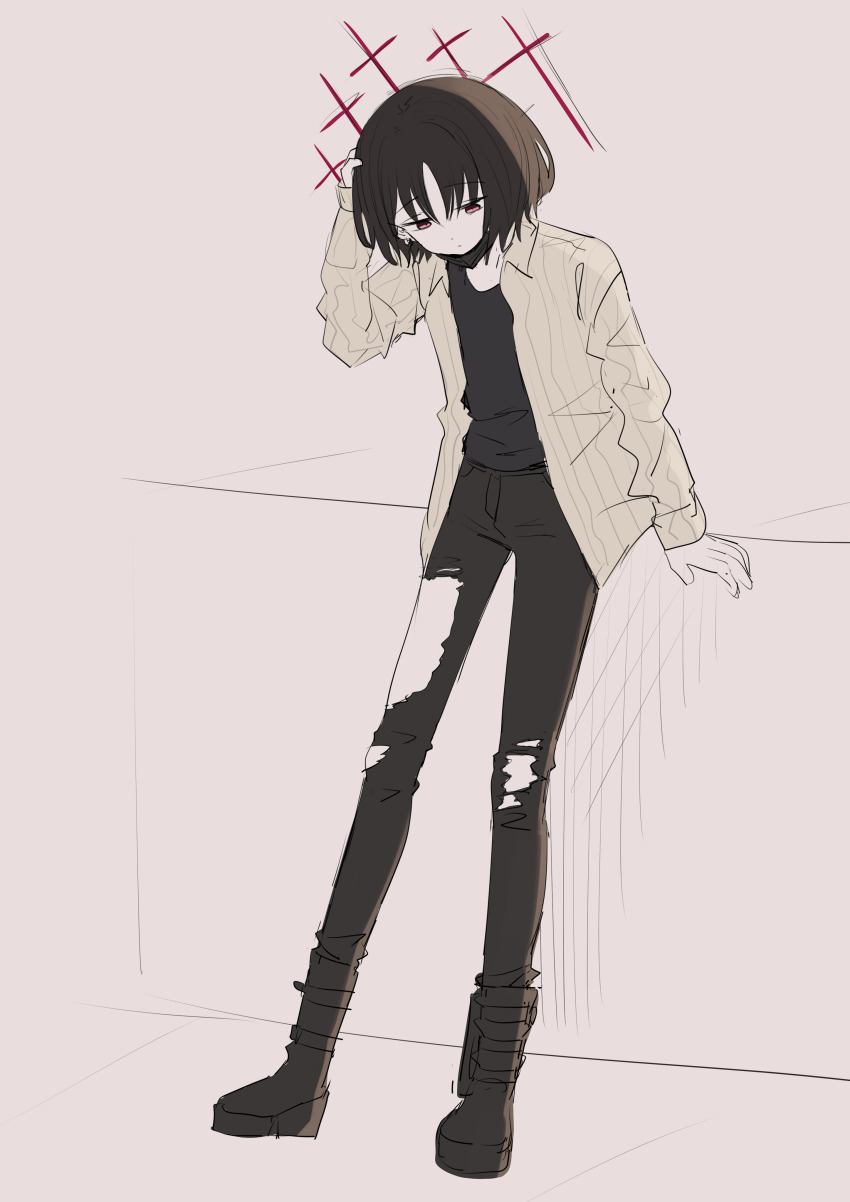 1girl absurdres black_pants black_shirt blue_archive boots brown_hair commentary_request coralreef966 halo hand_on_own_head highres leaning_on_object long_legs long_sleeves looking_down misaki_(blue_archive) open_clothes open_shirt pants pinstripe_pattern pinstripe_shirt red_eyes red_halo shirt short_hair simple_background sketch solo torn_clothes torn_pants yellow_shirt