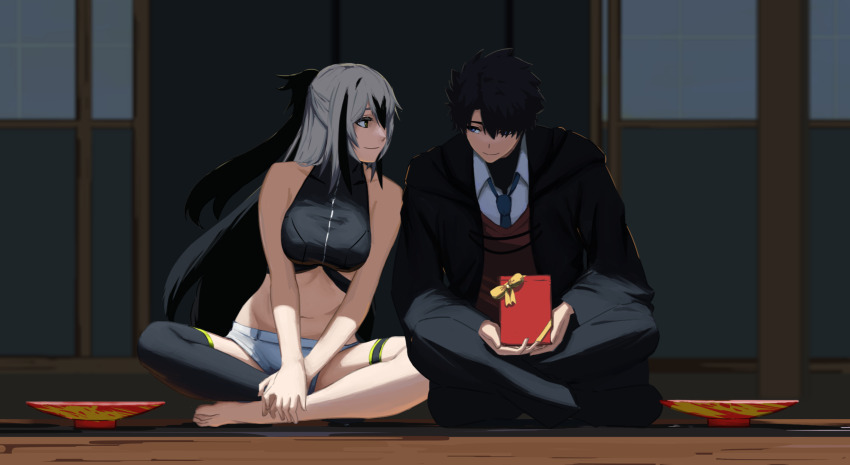 1boy 1girl bare_shoulders black_hair black_robe blue_eyes blue_necktie box breasts crop_top cropped_shirt fate/grand_order fate_(series) fujimaru_ritsuka_(male) fujimaru_ritsuka_(male)_(mage&#039;s_association_uniform) gift gift_box highres hooded_robe indian_style long_hair long_sleeves looking_at_another midriff multicolored_hair nagao_kagetora_(fate) navel necktie official_alternate_costume paperpillar red_sweater robe short_hair shorts sidelocks single_thighhigh sitting smile sweater thigh_strap thighhighs two-tone_hair uesugi_kenshin_(fate) uesugi_kenshin_(second_ascension)_(fate) valentine white_hair white_shorts