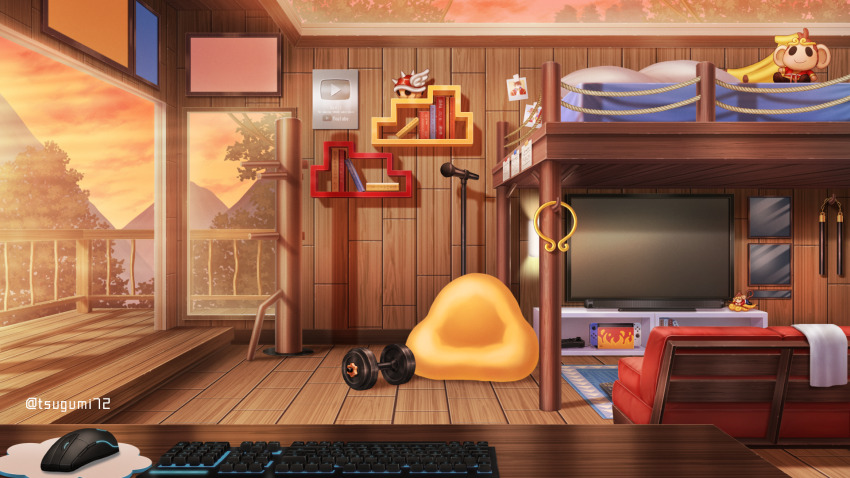 azuma_hatori balcony bean_bag_chair bed bedroom bookshelf computer_keyboard computer_mouse couch dumbbell dusk flame_print glass_ceiling handheld_game_console highres indie_virtual_youtuber indoors journey_to_the_west mario_(series) mario_kart microphone microphone_stand mountain mousepad_(object) mu_ren_zhuang nintendo no_humans note nunchaku official_art photo_(object) picture_frame pillar pillow red_shell_(mario) rug scenery shelf silver_creator_award stuffed_banana stuffed_monkey sun_kenji sun_wukong table television towel tree unworn_headwear weapon wooden_floor wooden_table wooden_wall youtube_creator_award