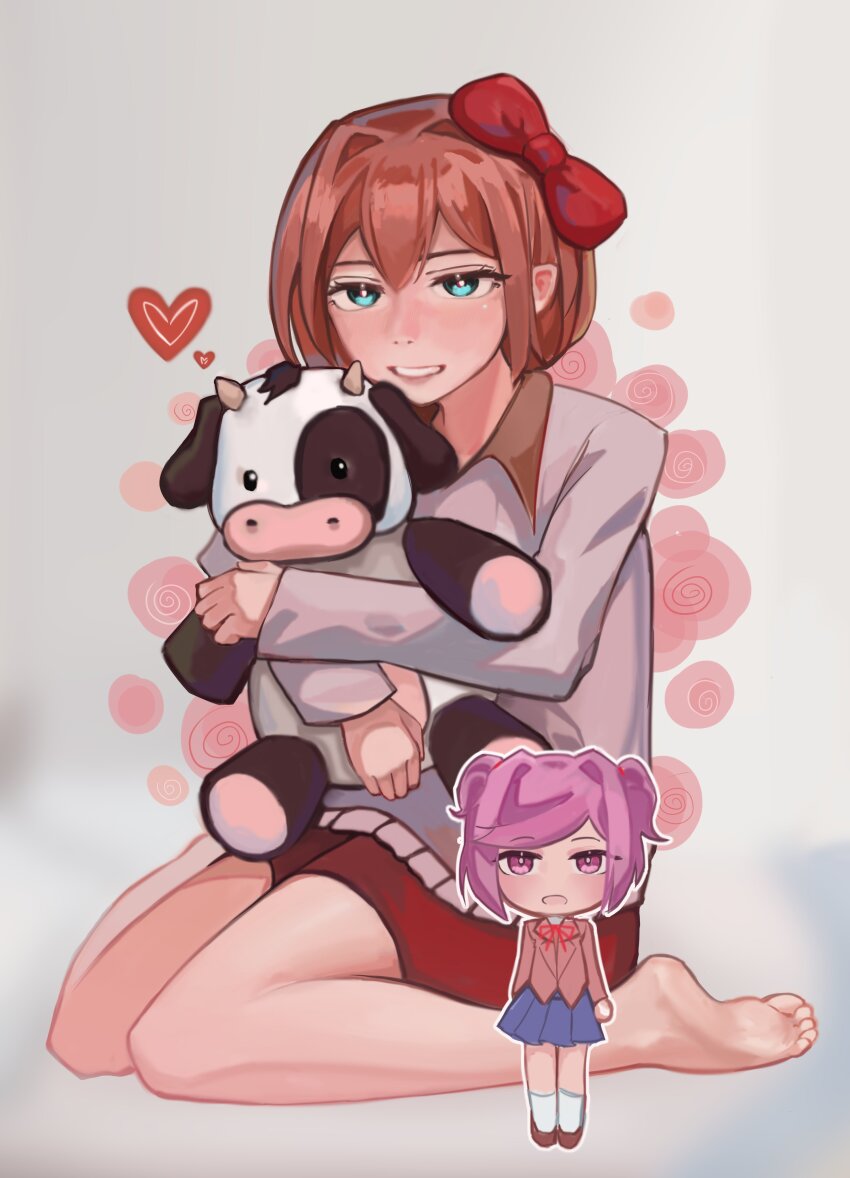 :d absurdres aqua_eyes arms_at_sides barefoot blazer blue_skirt blush bob_cut bow bowtie brown_jacket brown_shoes brown_sweater casual chibi chibi_inset circle doki_doki_literature_club eyelashes full_body grin hair_between_eyes hair_bow hair_intakes hair_ribbon heart highres holding holding_stuffed_toy hugging_object jacket light_blush micmaqn natsuki_(doki_doki_literature_club) nose on_ground open_mouth parted_lips pink_hair pleated_skirt red_bow red_bowtie red_hair red_ribbon red_shorts ribbon sayori_(doki_doki_literature_club) school_uniform shoes short_hair shorts sitting skirt smile socks soles spiral standing stuffed_cow stuffed_toy sweater swept_bangs toes two-tone_sweater two_side_up wariza white_background white_socks white_sweater