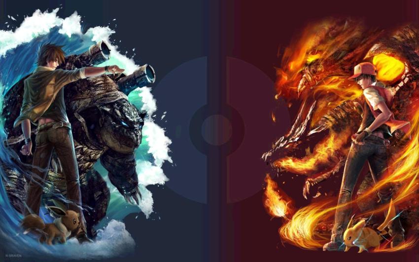 1990s_(style) 2boys battle blastoise blue_oak blue_oak_(pokemon_hgss) charizard dragon eevee epic fire gen_1_pokemon highres male_focus manly multiple_boys nintendo pikachu poke_ball pokemon pokemon_(creature) pokemon_rgby polar_opposites r-sraven realistic red_(pokemon) retro_artstyle signature turtle water