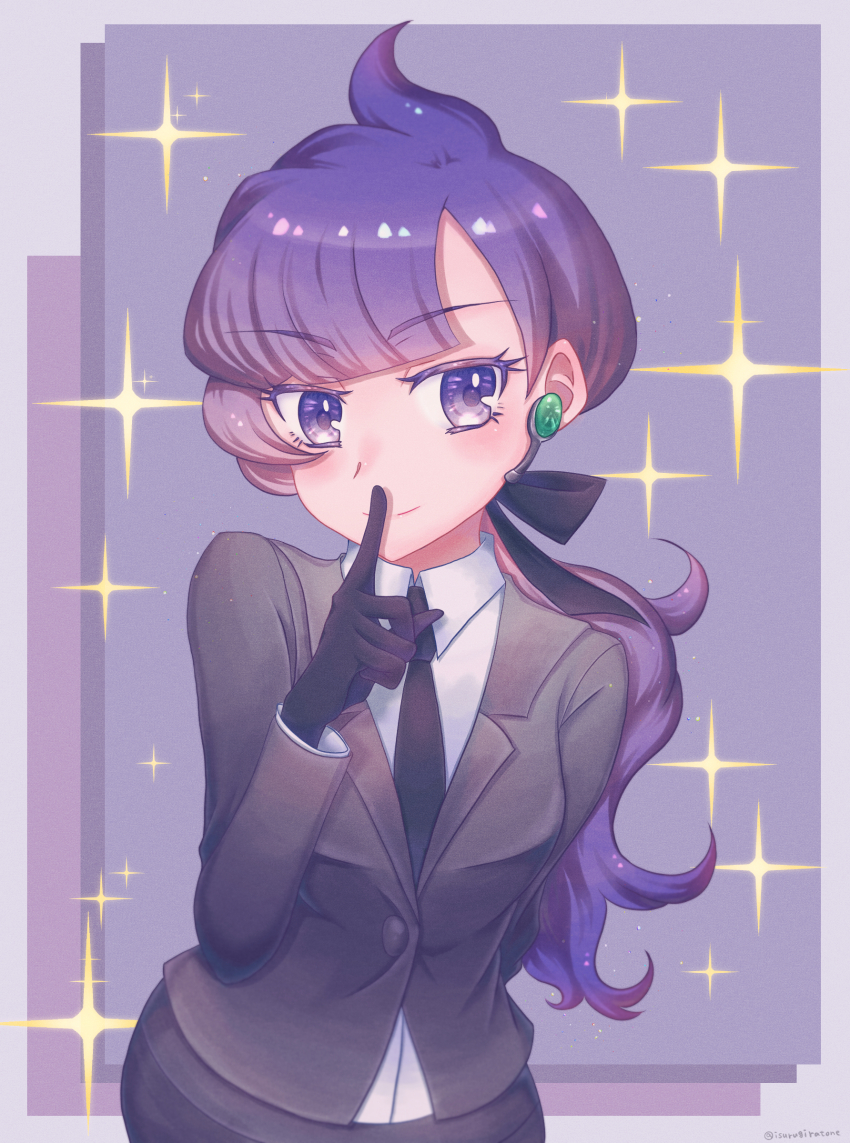 1girl absurdres anabel_(pokemon) black_gloves black_jacket black_necktie black_pants breasts collared_shirt earpiece formal_clothes gloves highres index_finger_raised isurugiratone jacket long_hair long_sleeves low_ponytail medium_breasts necktie nintendo pants pokemon pokemon_sm ponytail purple_eyes purple_hair shirt solo white_shirt