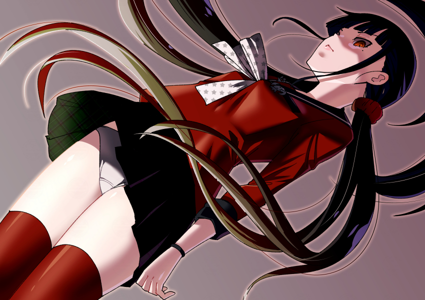 1girl black_hair black_skirt danganronpa_(series) danganronpa_v3:_killing_harmony dutch_angle harukawa_maki highres long_sleeves looking_at_viewer low_twintails miniskirt mole mole_under_eye panties red_eyes red_shirt red_thighhighs shirt skirt solo thighhighs toku_sonchou twintails underwear white_panties