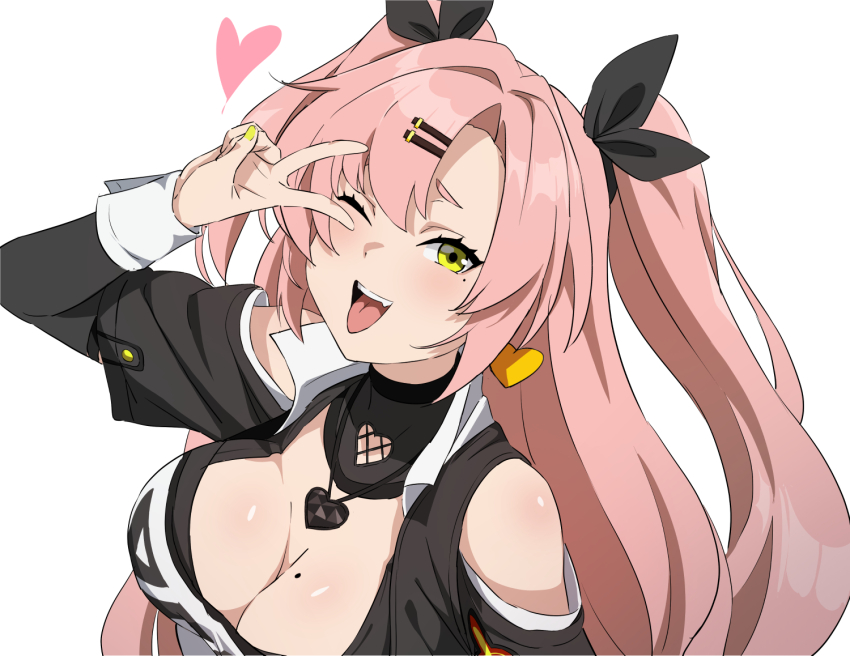 1girl ;d black_ribbon breasts earrings hair_ribbon hatenoga heart heart_earrings heart_necklace jewelry long_hair looking_at_viewer mole mole_on_breast mole_under_eye necklace nicole_demara one_eye_closed open_mouth pink_hair ribbon simple_background smile solo tongue tongue_out two_side_up upper_body v white_background zenless_zone_zero